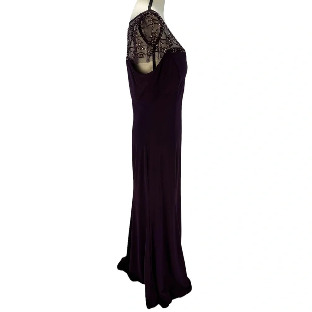 R&M Richards Sheer Beaded Neck and Shoulder Maxi Dress - Plum Purple - size 12 - Picture 3 of 12